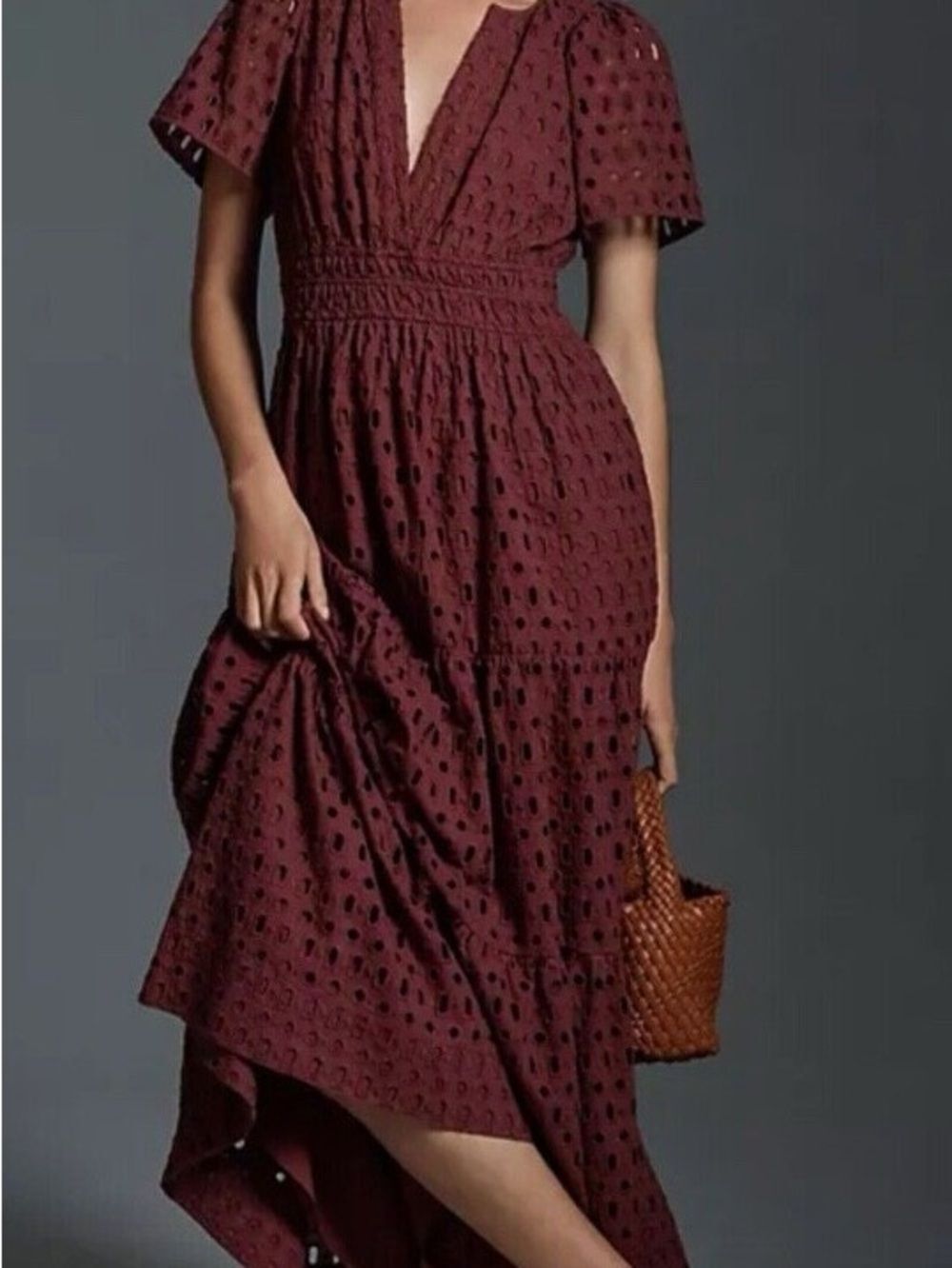 Anthropologie Somerset Tiered Maxi Dress Eyelet Edition in Brown